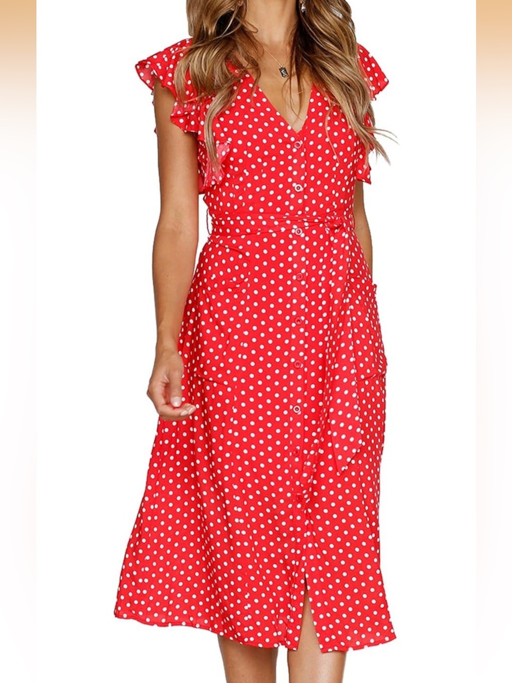 Red Polka Dot Button-Front Women's Dress